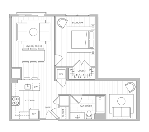 Floor plan for 1 bed, 1 bath, 782 sqft